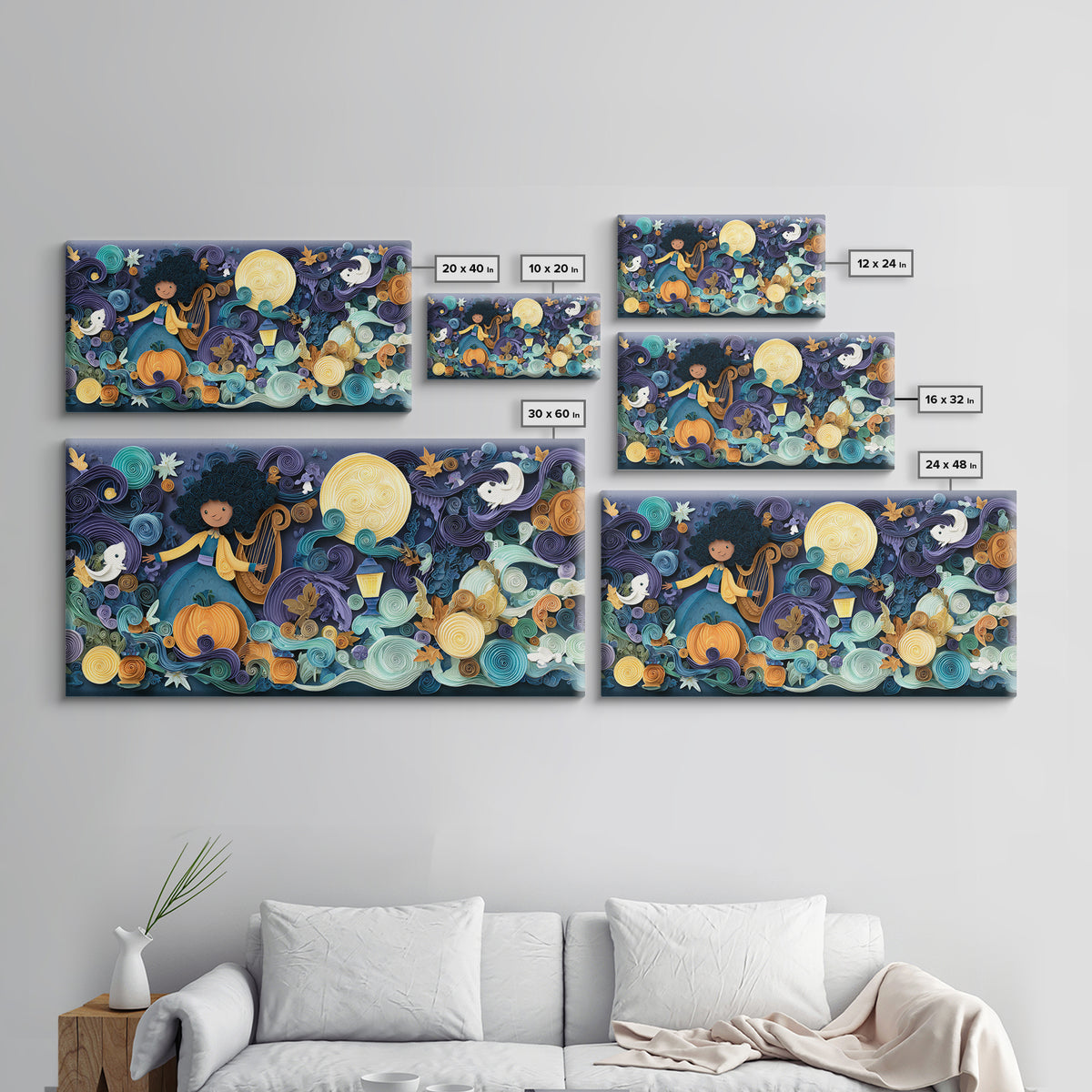 The Harpist Of Abyssal Sleep, Quilled Halloween Art, Wide Panoramic Art, Framed Canvas Print, Cute Halloween Wall Art