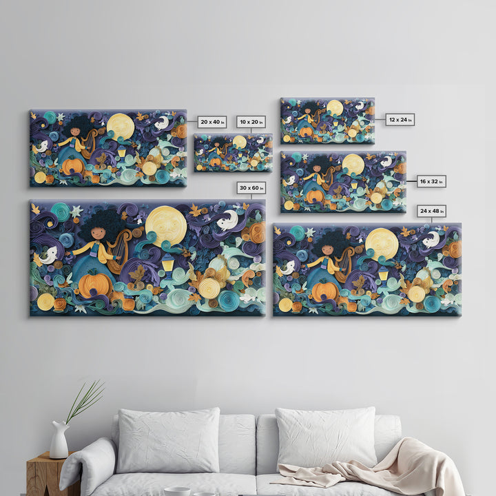 The Harpist Of Abyssal Sleep, Quilled Halloween Art, Wide Panoramic Art, Framed Canvas Print, Cute Halloween Wall Art