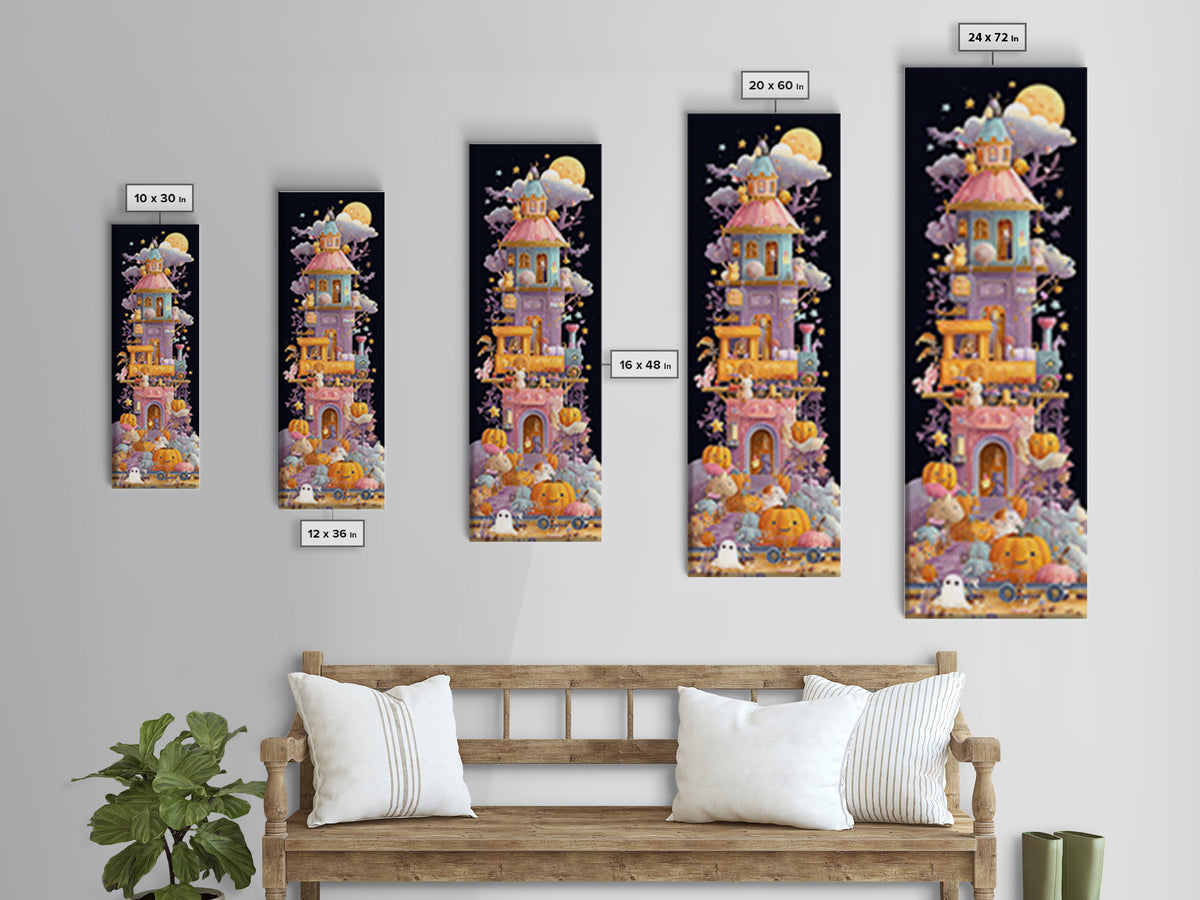 The Pumpkin Train Station, Vaporwave Halloween Art, Tall Narrow Wall Art, Framed Canvas Print, Cute Halloween Wall Art