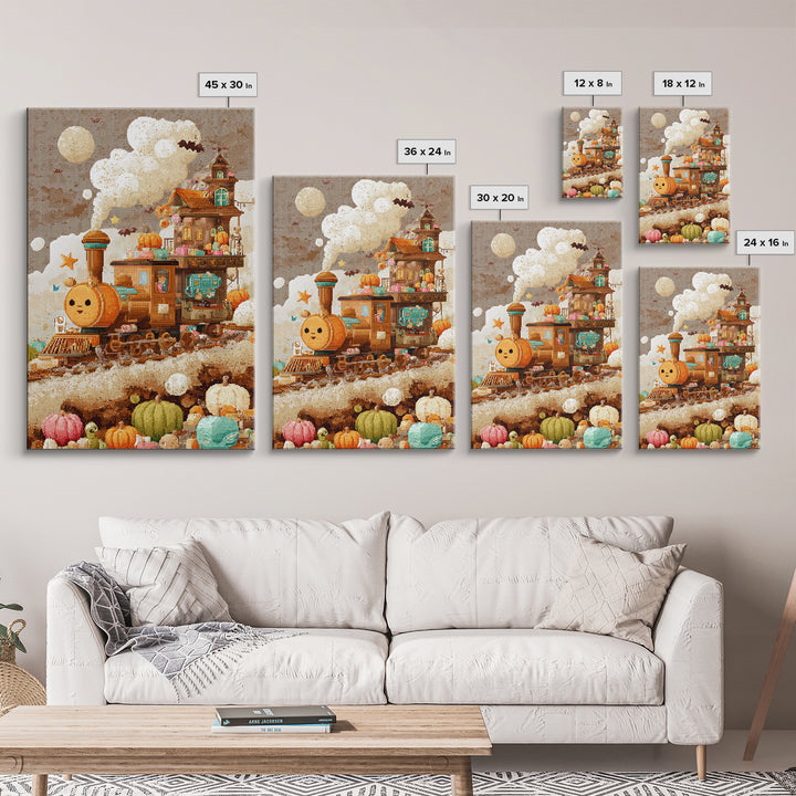 The Chocolate Pumpkin Train, Pixel Halloween Art, Vertical Wall Art, Canvas Print, Cute Halloween Wall Art