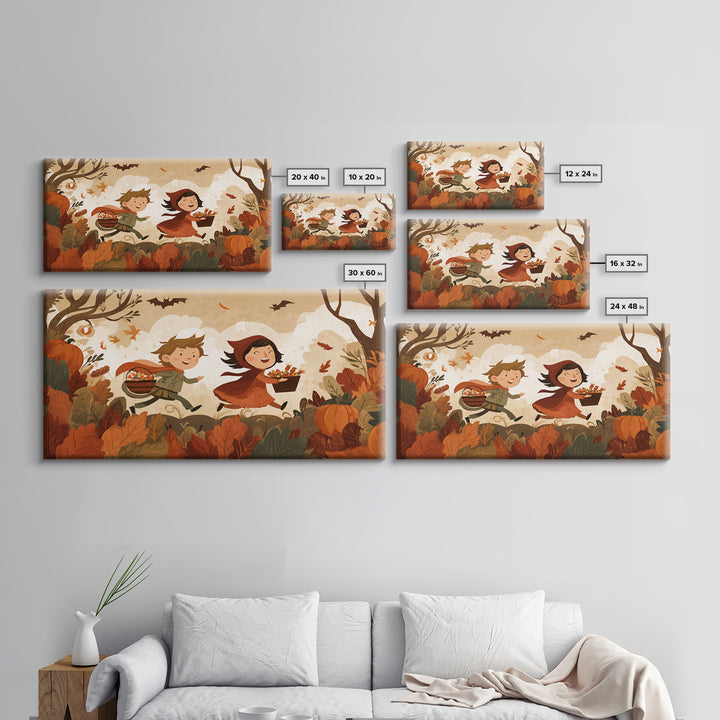 The Candy Bucket Relay Race, Vector Halloween Art, Landscape Wall Art, Framed Canvas Print, Cute Halloween Wall Art, Storybook Decor