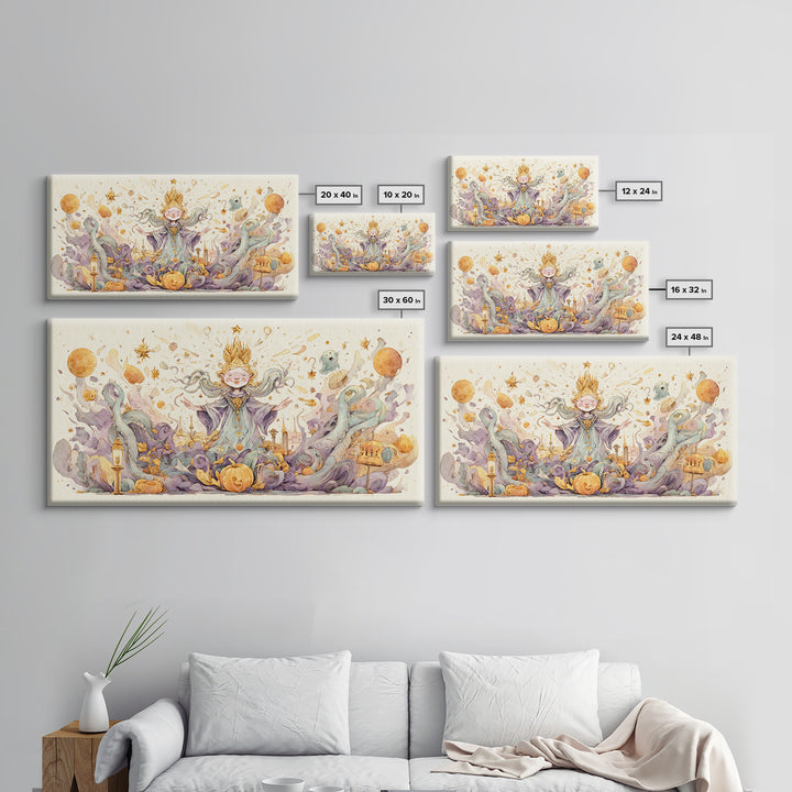 The Crown Of The Tentacled Saint, Watercolor Halloween Art, Wide Panoramic Art, Framed Canvas Print, Cute Halloween Wall Art