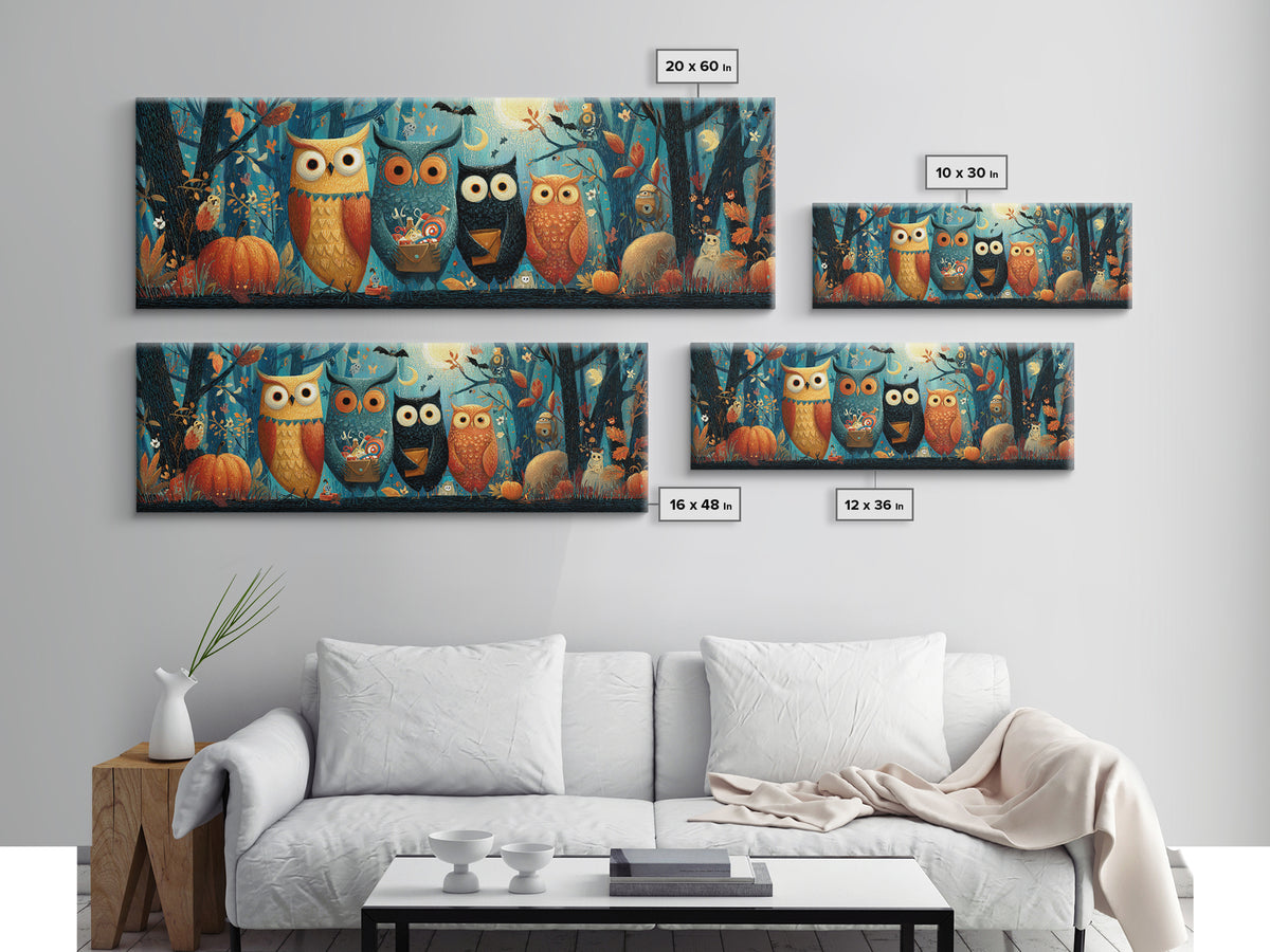 The Owl Postmaster, Gouache Halloween Art, Extra Wide Wall Art, Canvas Print, Cute Halloween Wall Art
