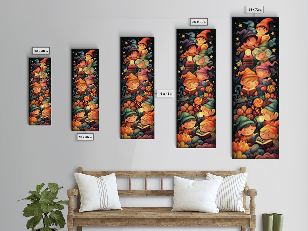 The Spellbook Sleepover, Crayon Halloween Art, Tall Narrow Wall Art, Framed Canvas Print, Cute Halloween Wall Art
