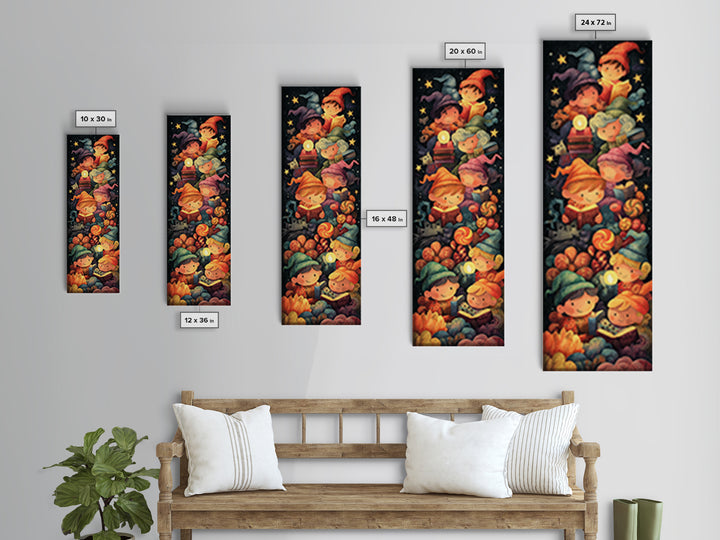 The Spellbook Sleepover, Crayon Halloween Art, Tall Narrow Wall Art, Framed Canvas Print, Cute Halloween Wall Art