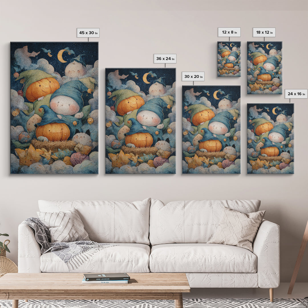 The Pumpkin Pajama Party, Pastel Halloween Art, Vertical Wall Art, Canvas Print, Cute Halloween Wall Art