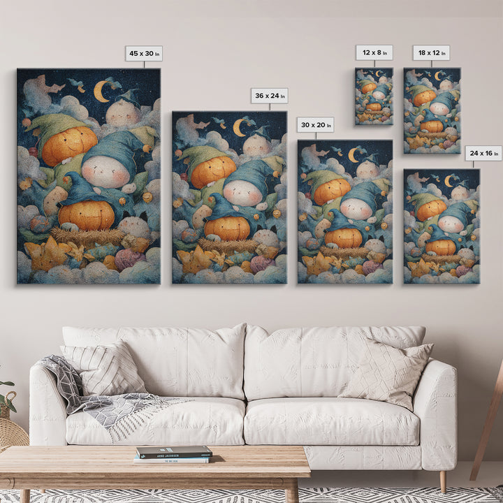 The Pumpkin Pajama Party, Pastel Halloween Art, Vertical Wall Art, Canvas Print, Cute Halloween Wall Art