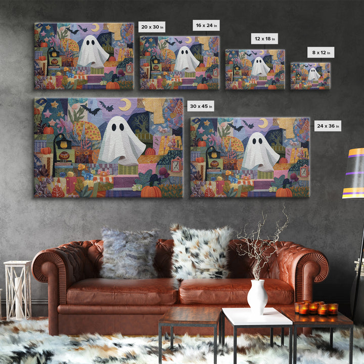 The Sleepy Blanket Ghost, Paper Collage Halloween, Landscape Wall Art, Framed Canvas Print, Cute Halloween Wall Art