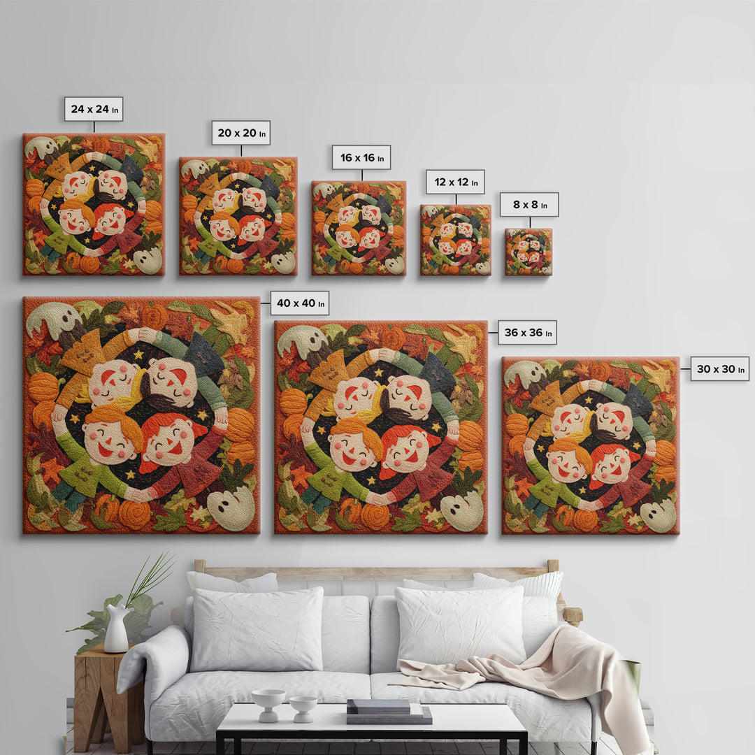 The Dancing Autumn Leaves, Felt Halloween Art, Square Wall Art, Canvas Print, Cute Halloween Wall Art