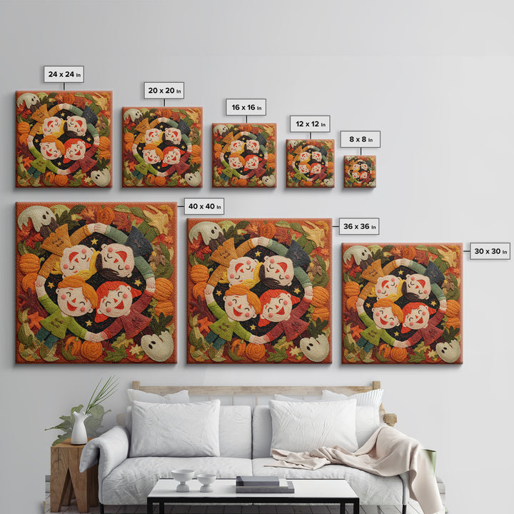 The Dancing Autumn Leaves, Felt Halloween Art, Square Wall Art, Canvas Print, Cute Halloween Wall Art