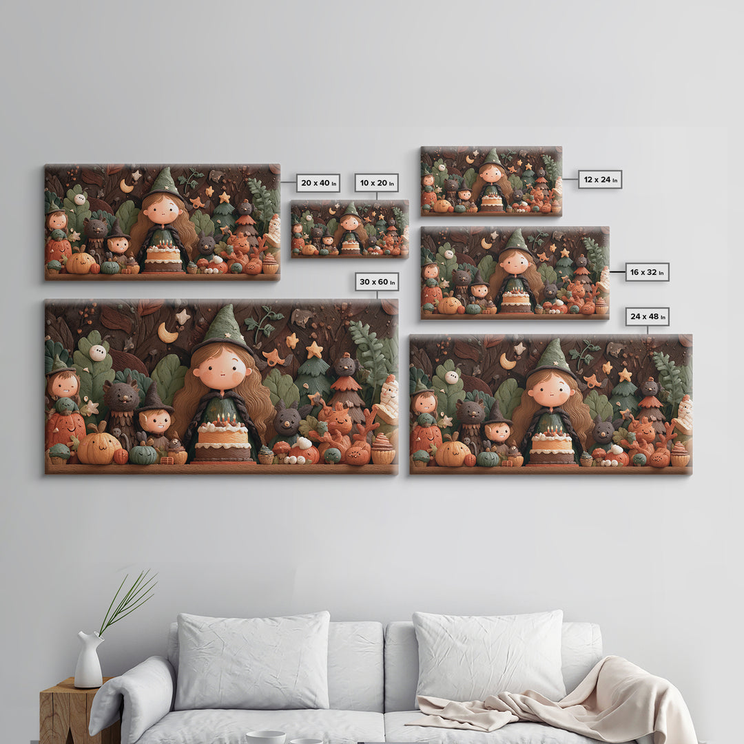 October'S Birthday Party, Clay Halloween Art, Wide Panoramic Art, Framed Canvas Print, Cute Halloween Wall Art