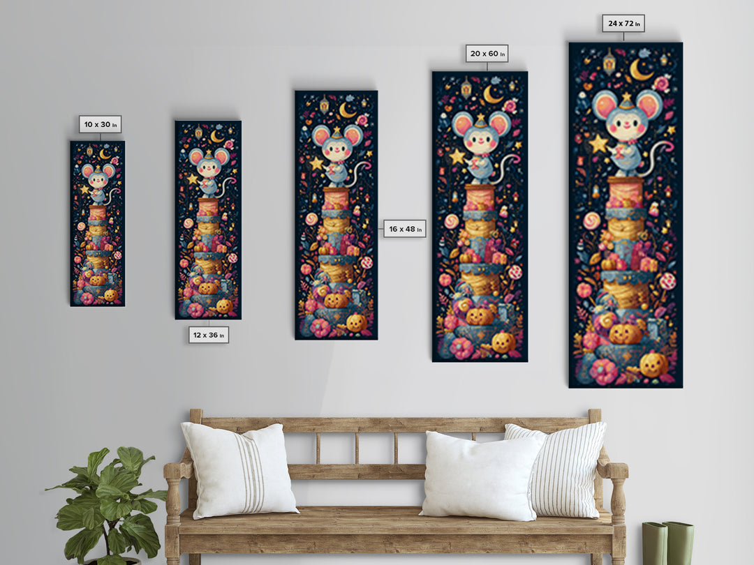 The Magician Mouse, Kawaii Halloween Art, Tall Narrow Wall Art, Framed Canvas Print, Cute Halloween Wall Art