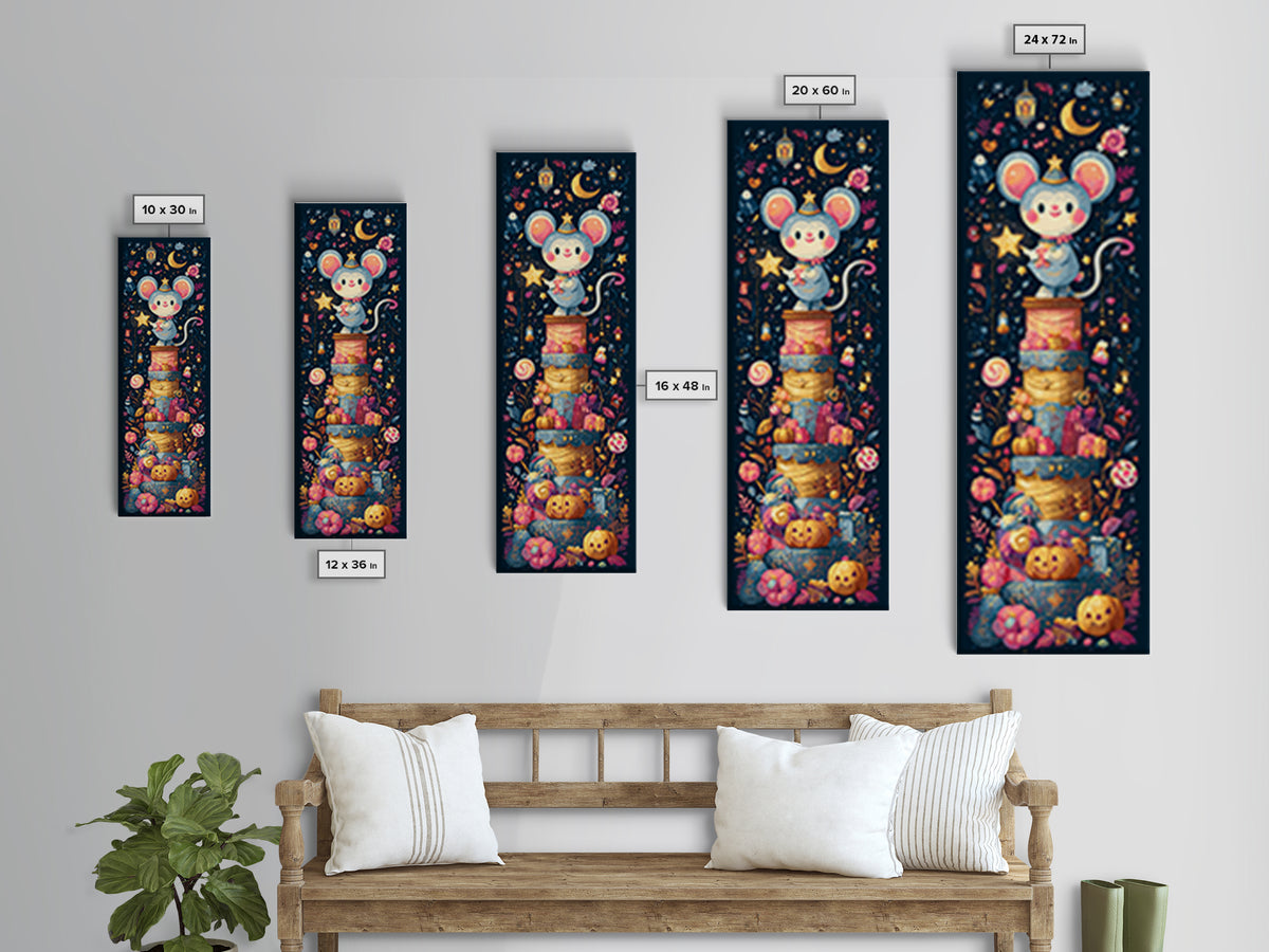 The Magician Mouse, Kawaii Halloween Art, Tall Narrow Wall Art, Framed Canvas Print, Cute Halloween Wall Art