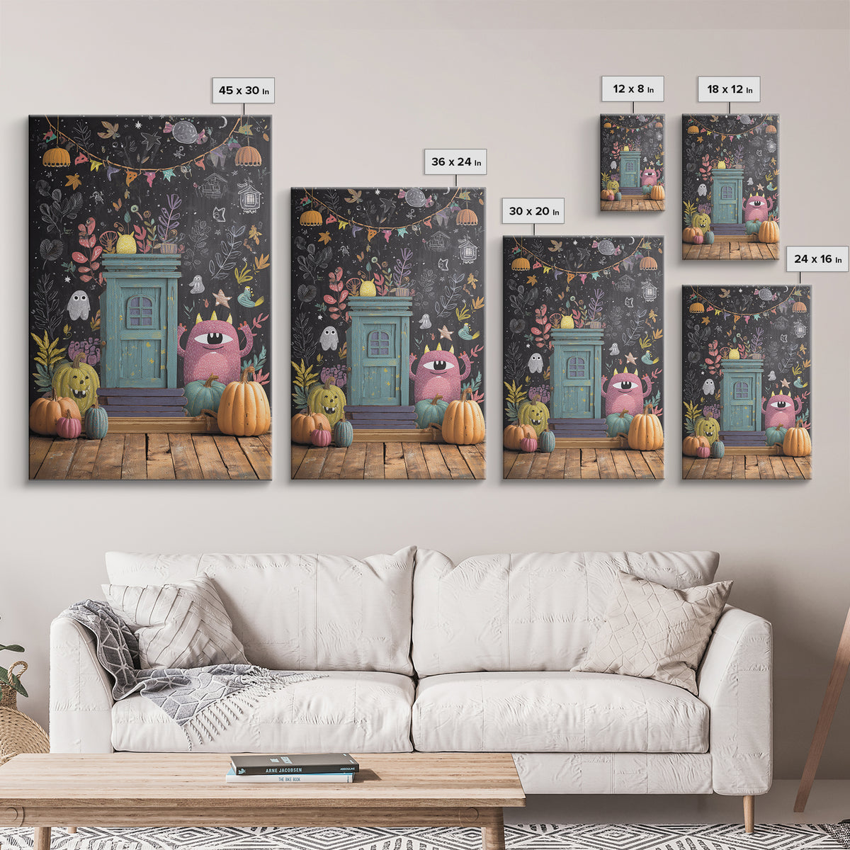 The Little Monster School, Retro Halloween Art, Vertical Wall Art, Canvas Print, Cute Halloween Wall Art