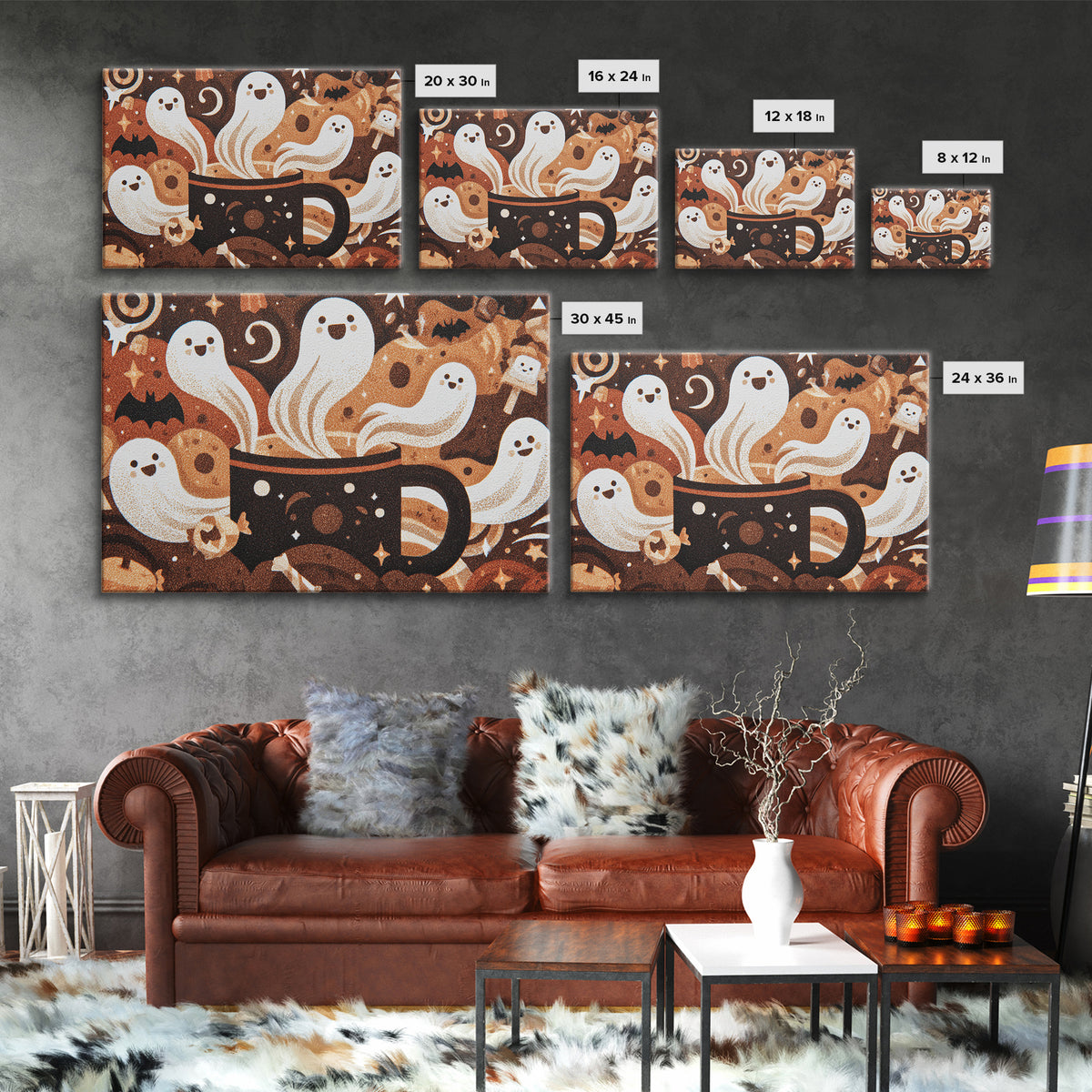 The Marshmallow Ghost Choir, Screenprint Halloween Art, Landscape Wall Art, Framed Canvas Print, Cute Halloween Wall Art
