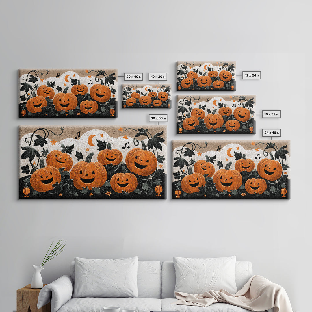 The Singing Pumpkin Patch, Linocut Halloween Art, Wide Panoramic Art, Framed Canvas Print, Cute Halloween Wall Art