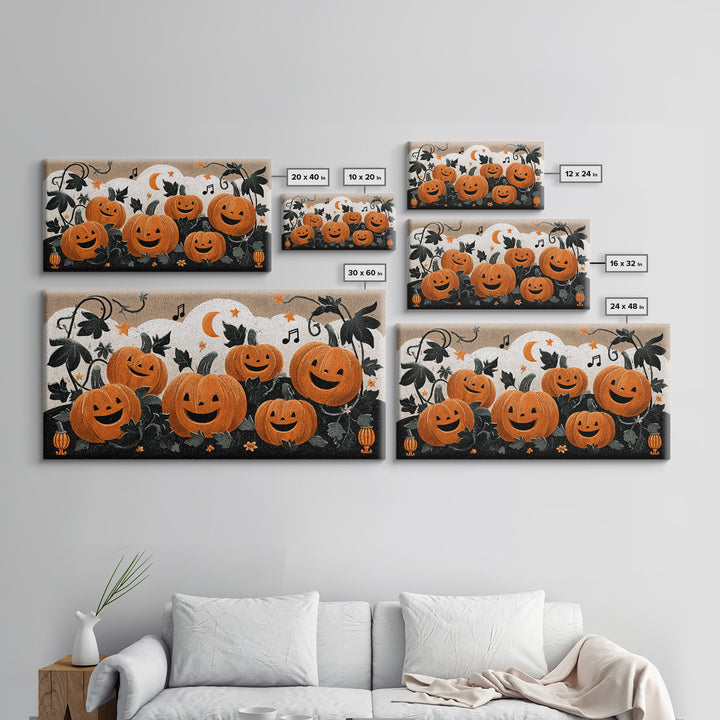 The Singing Pumpkin Patch, Linocut Halloween Art, Wide Panoramic Art, Framed Canvas Print, Cute Halloween Wall Art