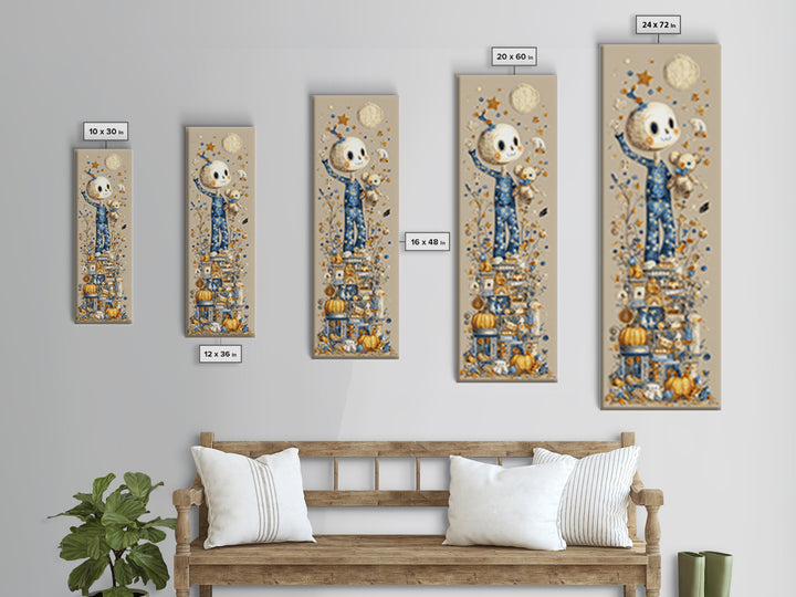 The Pajama Skeleton, Quilled Halloween Art, Tall Narrow Wall Art, Framed Canvas Print, Cute Halloween Wall Art
