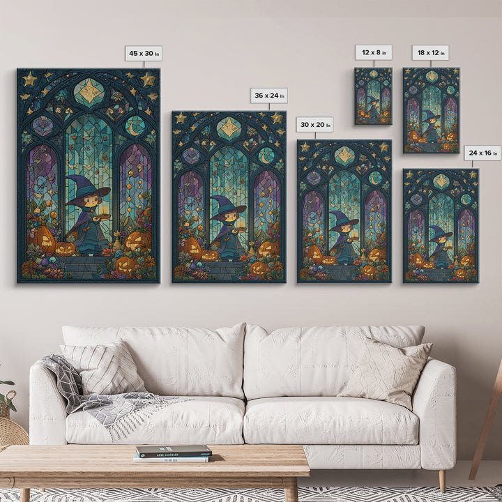 The Tiny Hat Shop Witch, Stained Glass Halloween, Vertical Wall Art, Canvas Print, Cute Halloween Wall Art