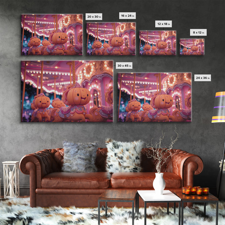 The Pumpkin Carousel, Vaporwave Halloween Art, Landscape Wall Art, Framed Canvas Print, Cute Halloween Wall Art