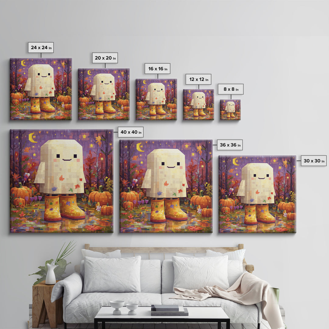 The Ghost In Rain Boots, Pixel Halloween Art, Square Wall Art, Canvas Print, Cute Halloween Wall Art