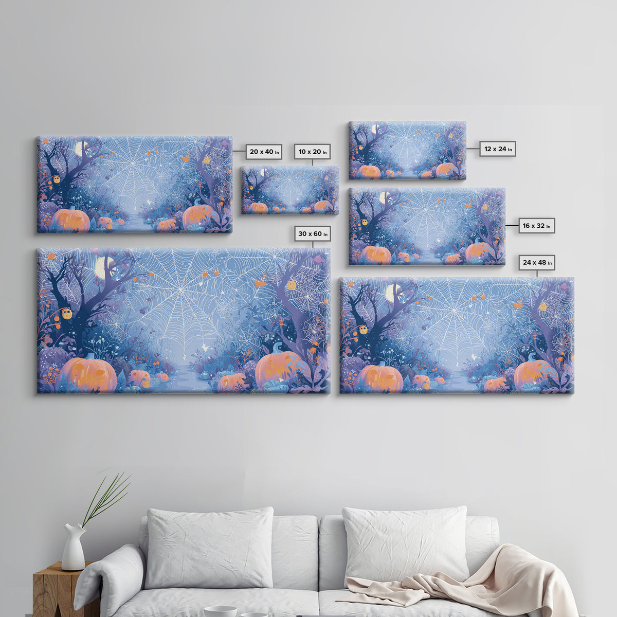 The Great Cobweb Knitting Contest, Vector Halloween Art, Wide Panoramic Art, Framed Canvas Print, Cute Halloween Wall Art