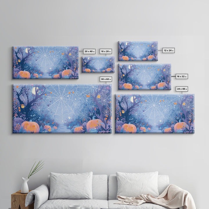 The Great Cobweb Knitting Contest, Vector Halloween Art, Wide Panoramic Art, Framed Canvas Print, Cute Halloween Wall Art