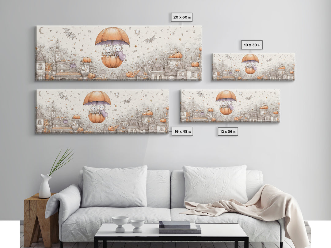 The Enchanted Umbrella Adventure, Hand Sketch Halloween Art, Extra Wide Wall Art, Canvas Print, Cute Halloween Wall Art