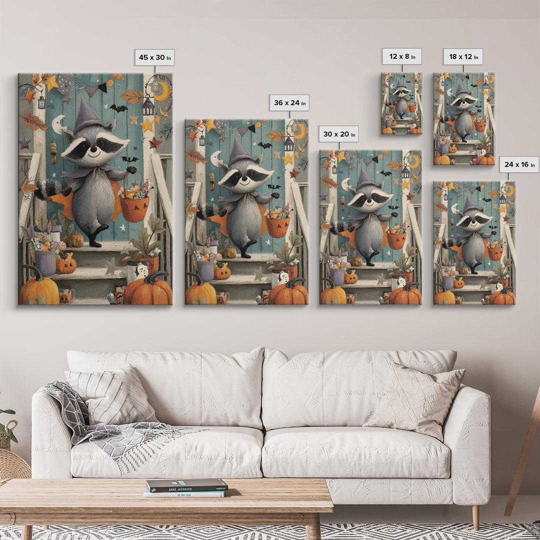 The Raccoon Trick-Or-Treater, Gouache Halloween Art, Vertical Wall Art, Canvas Print, Cute Halloween Wall Art