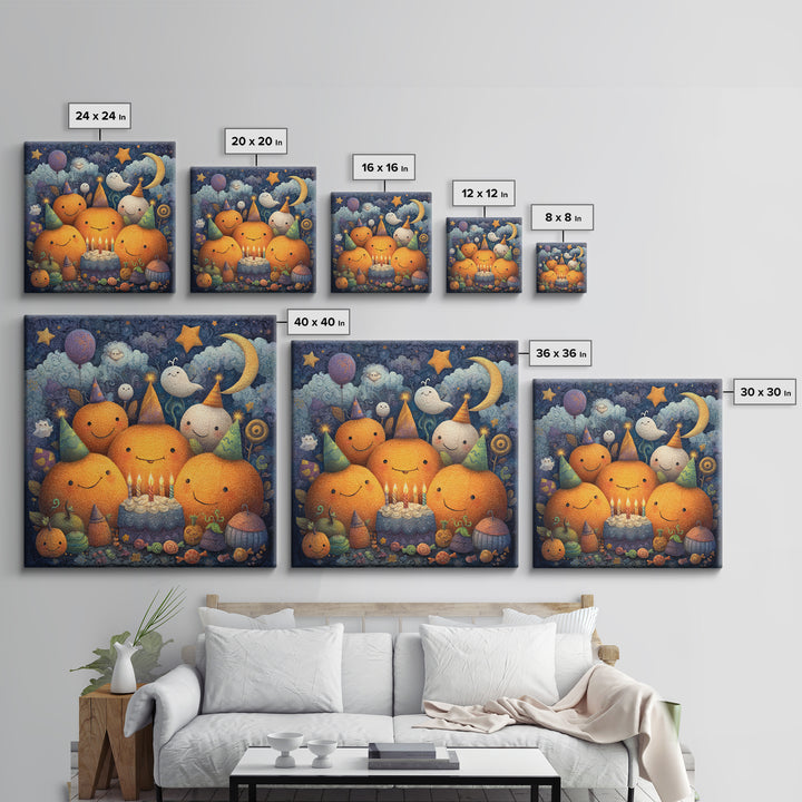 The Great Pumpkin Birthday Party, Pastel Halloween Art, Square Wall Art, Canvas Print, Cute Halloween Wall Art