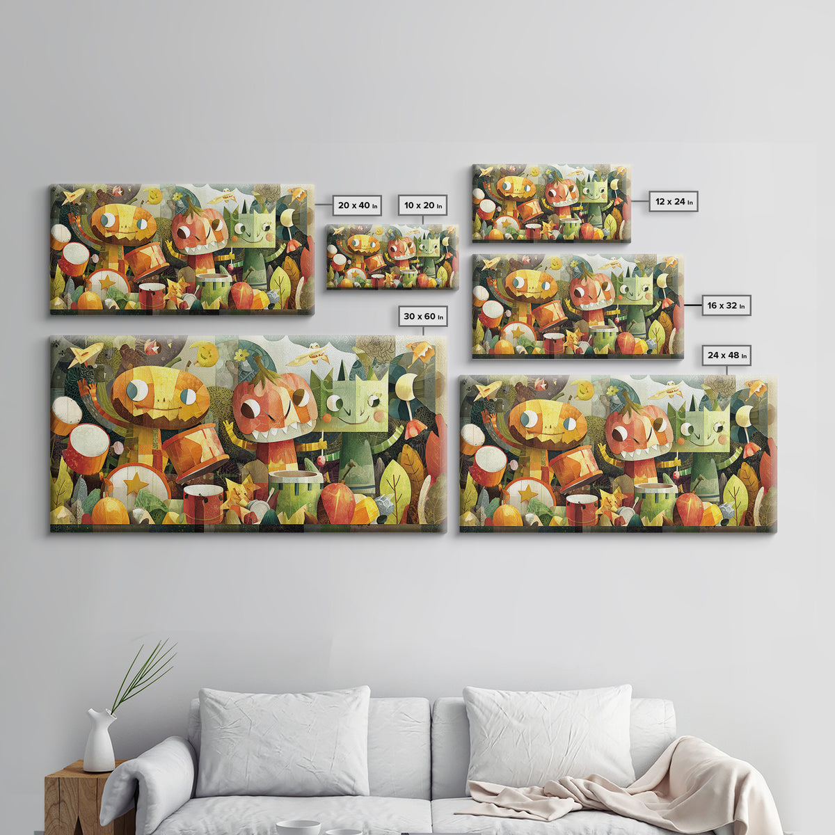 The Little Monster Orchestra, Paper Collage Halloween, Wide Panoramic Art, Framed Canvas Print, Cute Halloween Wall Art