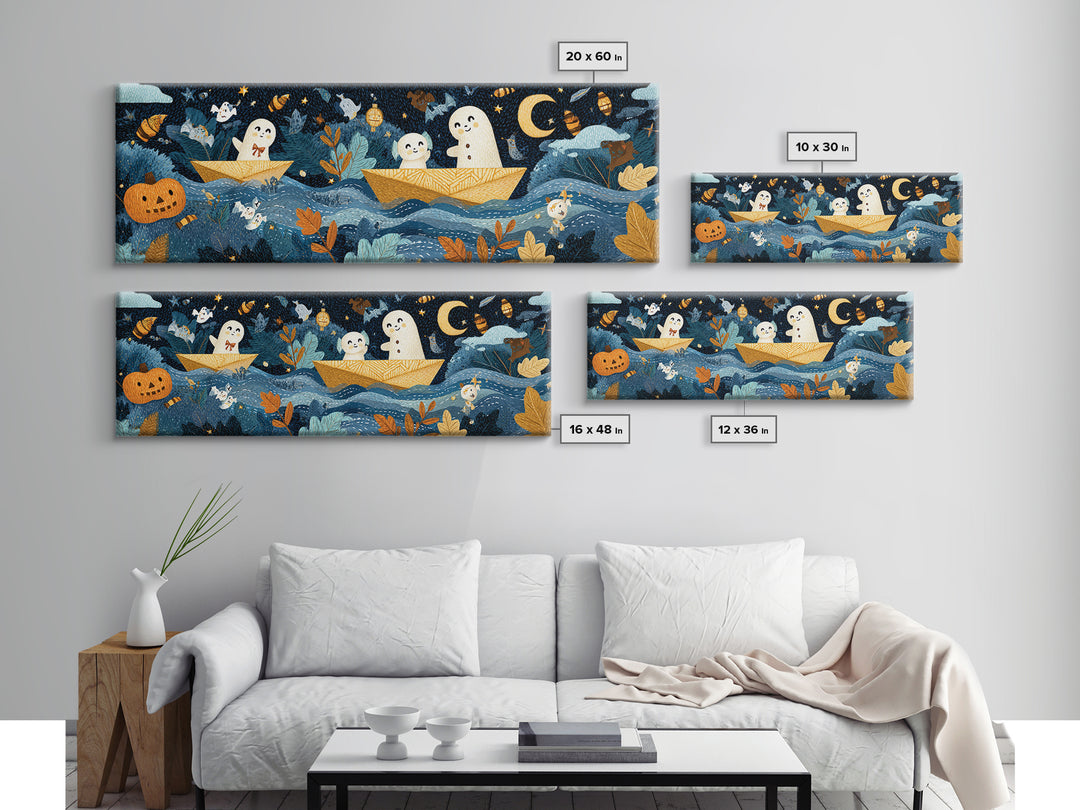 The Golden Leaf River, Felt Halloween Art, Extra Wide Wall Art, Canvas Print, Cute Halloween Wall Art, Storybook Decor