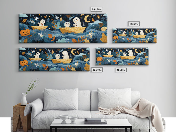 The Golden Leaf River, Felt Halloween Art, Extra Wide Wall Art, Canvas Print, Cute Halloween Wall Art, Storybook Decor