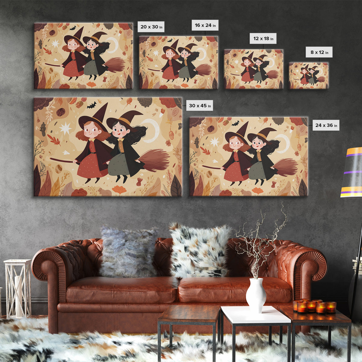 The Twin Broomstick Witches, Kawaii Halloween Art, Landscape Wall Art, Framed Canvas Print, Cute Halloween Wall Art