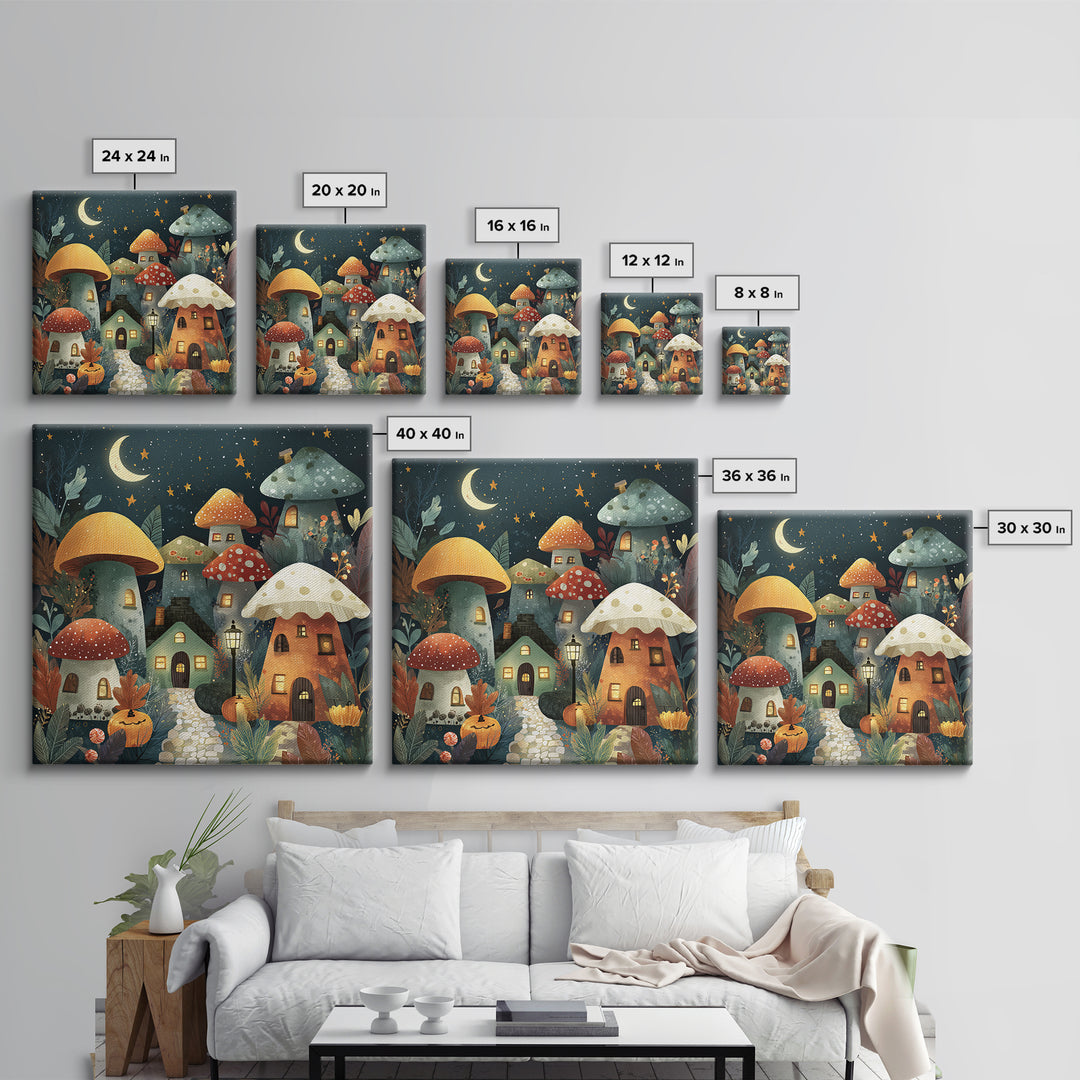 The Lantern-Lit Mushroom Village, Retro Halloween Art, Square Wall Art, Canvas Print, Cute Halloween Wall Art