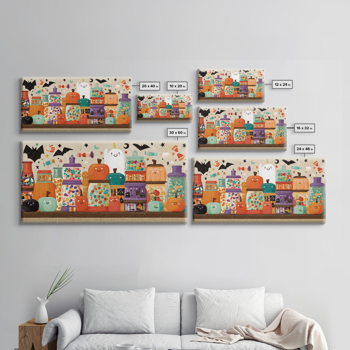 The Jellybean Potion Shop, Screenprint Halloween Art, Wide Panoramic Art, Framed Canvas Print, Cute Halloween Wall Art
