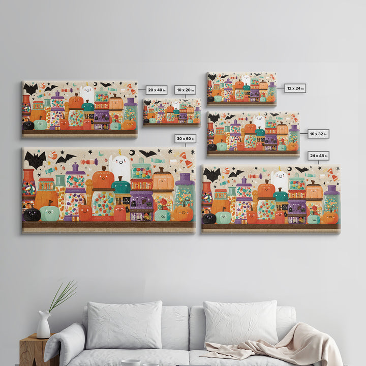 The Jellybean Potion Shop, Screenprint Halloween Art, Wide Panoramic Art, Framed Canvas Print, Cute Halloween Wall Art