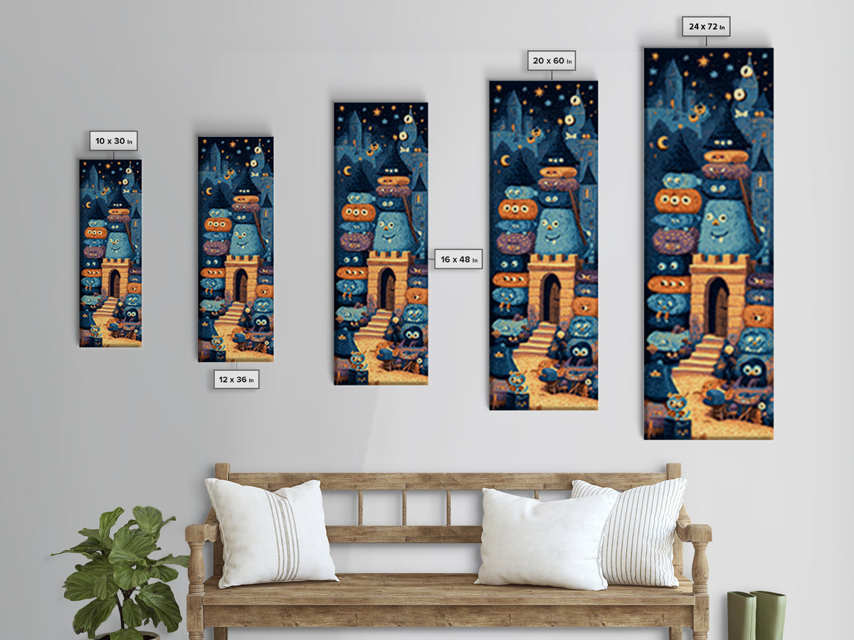 The Great Monster Pajama Party, Linocut Halloween Art, Tall Narrow Wall Art, Framed Canvas Print, Cute Halloween Wall Art