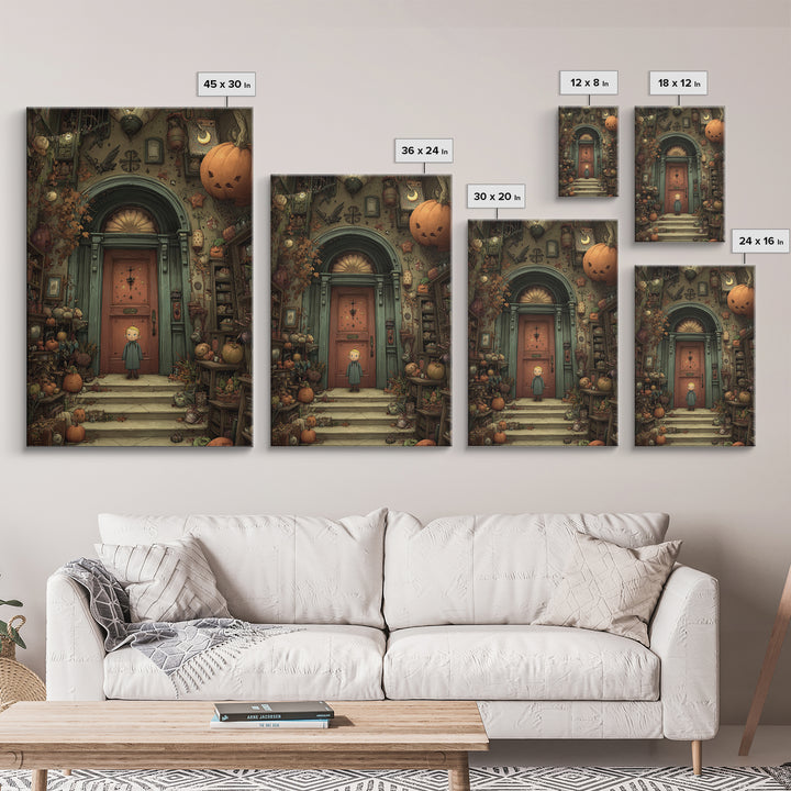 The Thirteenth Door Of Arkham House, Embroidered Halloween Art, Vertical Wall Art, Canvas Print, Cute Halloween Wall Art