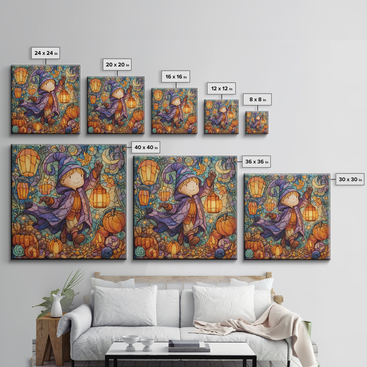 The Lantern-Light Wizard, Stained Glass Halloween, Square Wall Art, Canvas Print, Cute Halloween Wall Art