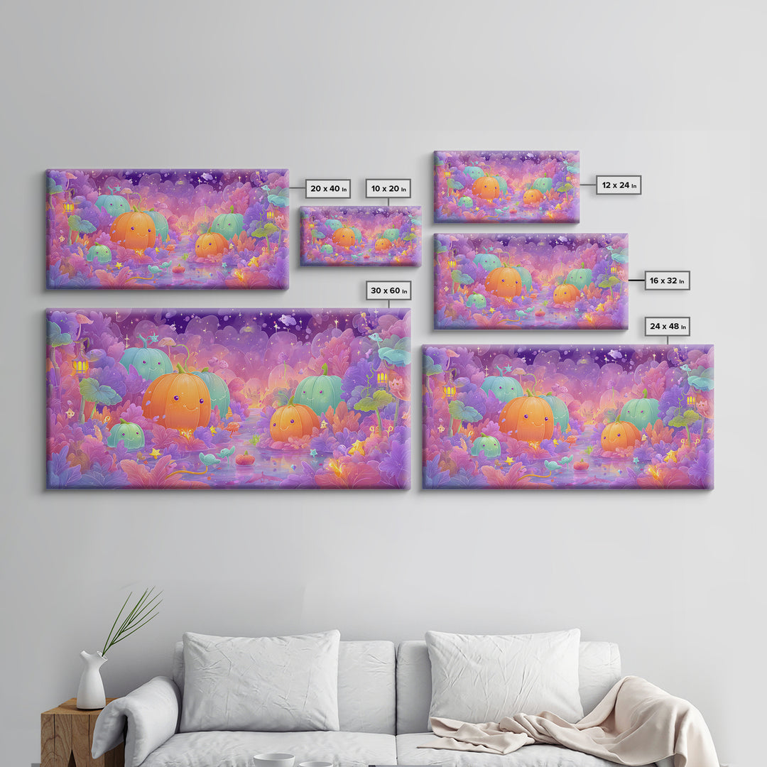 The Pumpkin Fairy Garden, Vaporwave Halloween Art, Wide Panoramic Art, Framed Canvas Print, Cute Halloween Wall Art