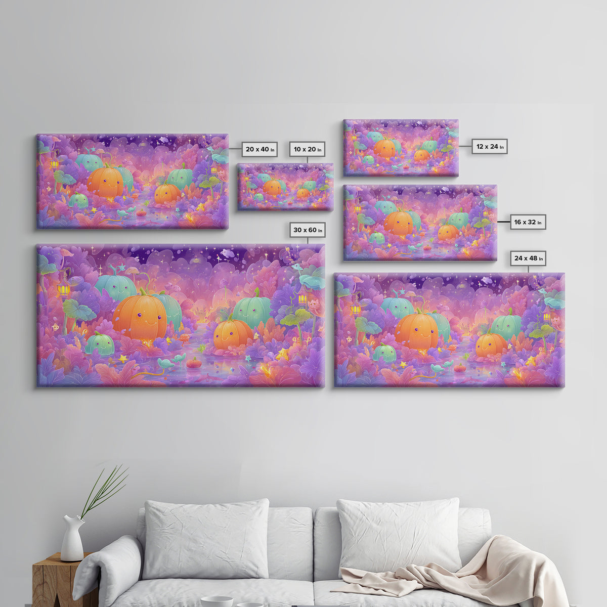 The Pumpkin Fairy Garden, Vaporwave Halloween Art, Wide Panoramic Art, Framed Canvas Print, Cute Halloween Wall Art