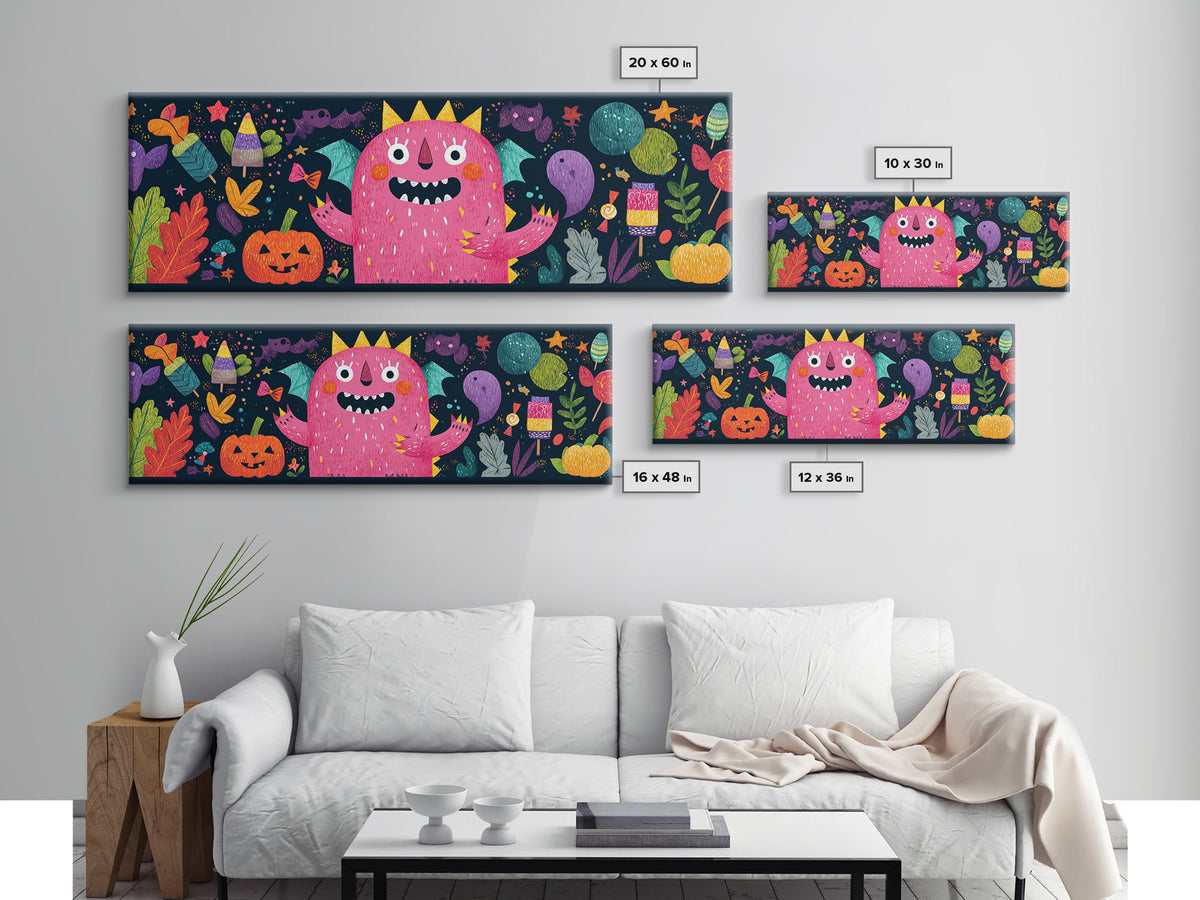 The Polka-Dot Monster, Pixel Halloween Art, Extra Wide Wall Art, Canvas Print, Cute Halloween Wall Art