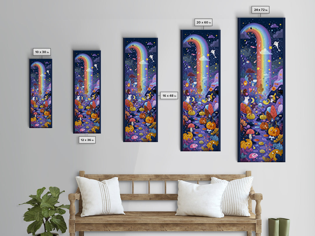 The Rainbow After The Halloween Rain, Vector Halloween Art, Tall Narrow Wall Art, Framed Canvas Print, Cute Halloween Wall Art