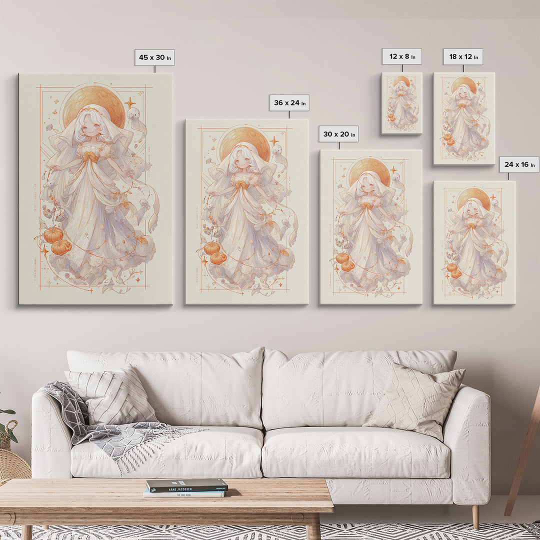 The Bride Of The Abyssal Moon, Hand Sketch Halloween Art, Vertical Wall Art, Canvas Print, Cute Halloween Wall Art