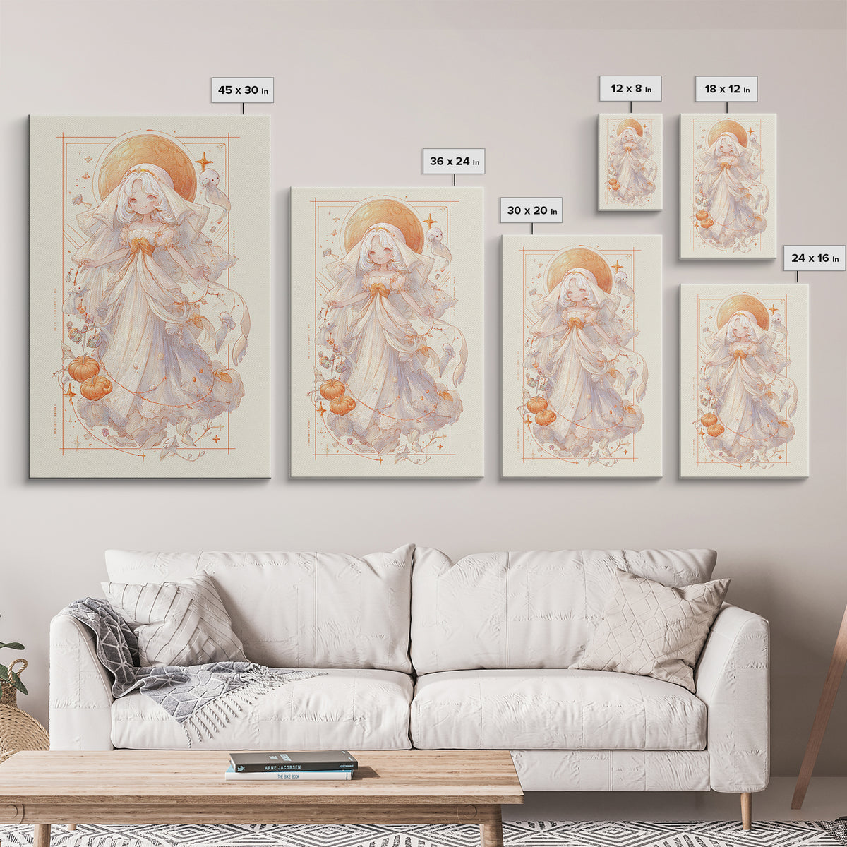 The Bride Of The Abyssal Moon, Hand Sketch Halloween Art, Vertical Wall Art, Canvas Print, Cute Halloween Wall Art