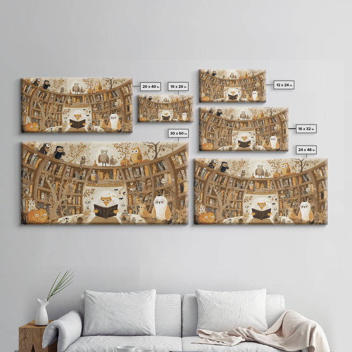 The Moonbeam Library, Crayon Halloween Art, Wide Panoramic Art, Framed Canvas Print, Cute Halloween Wall Art