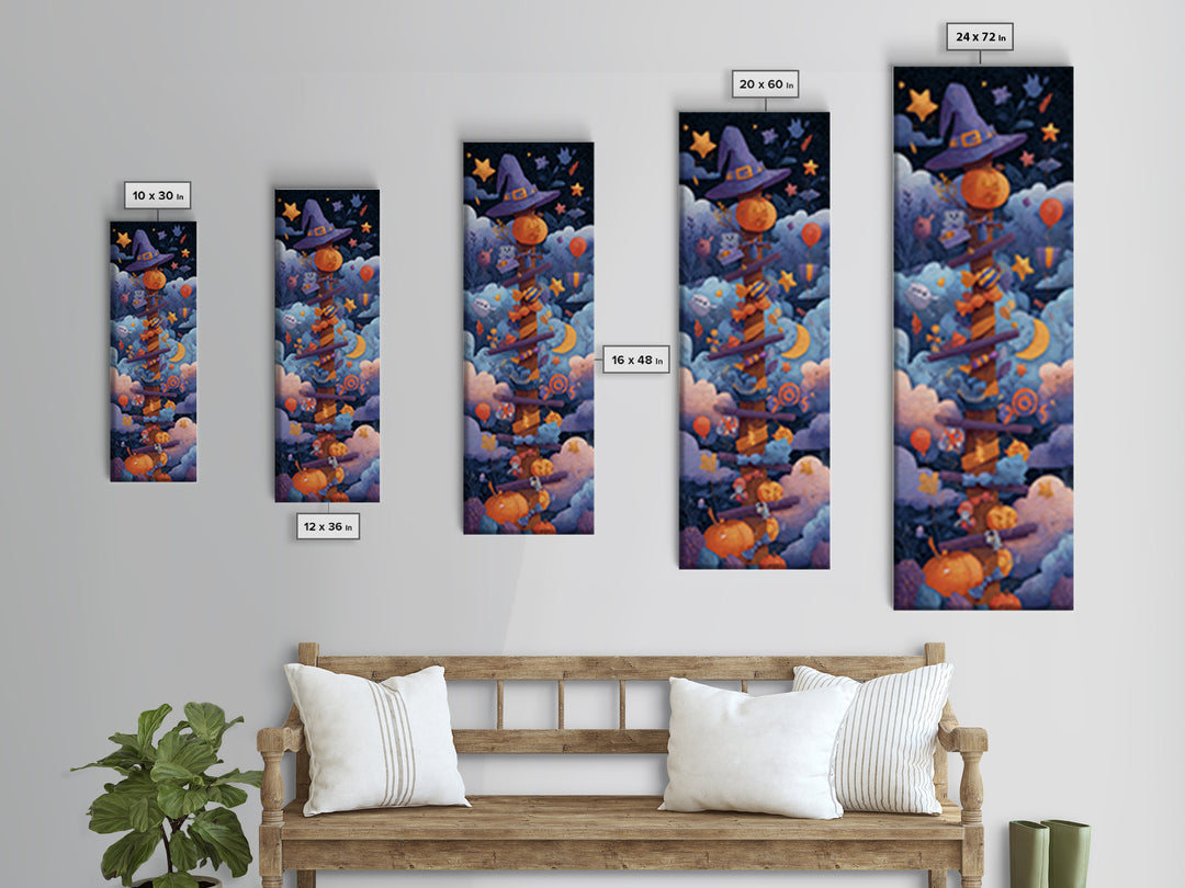The Broomstick Obstacle Course, Paper Collage Halloween, Tall Narrow Wall Art, Framed Canvas Print, Cute Halloween Wall Art
