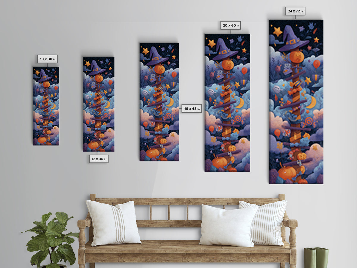 The Broomstick Obstacle Course, Paper Collage Halloween, Tall Narrow Wall Art, Framed Canvas Print, Cute Halloween Wall Art