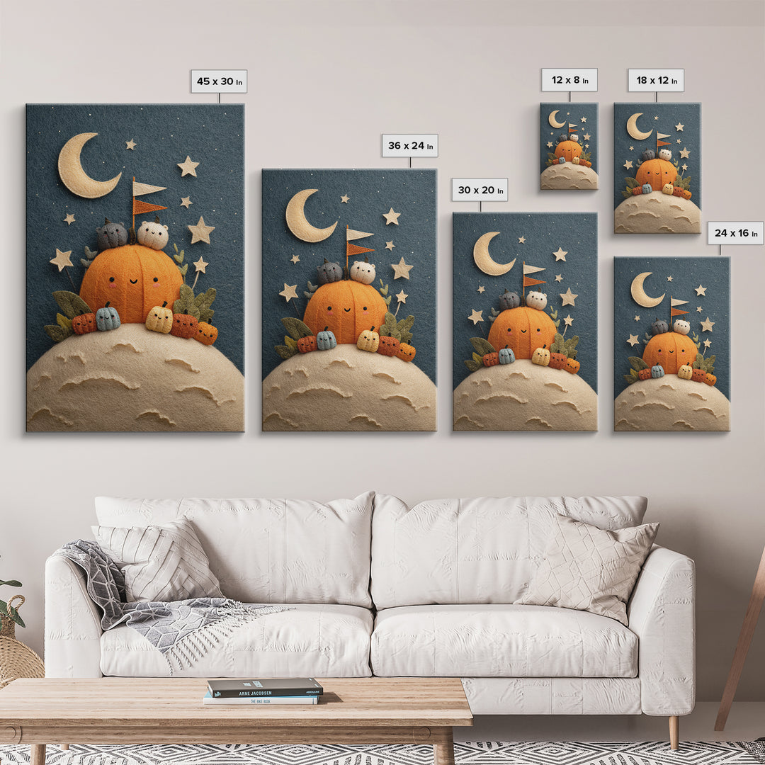 The Pumpkin Moon Expedition, Felt Halloween Art, Vertical Wall Art, Canvas Print, Cute Halloween Wall Art